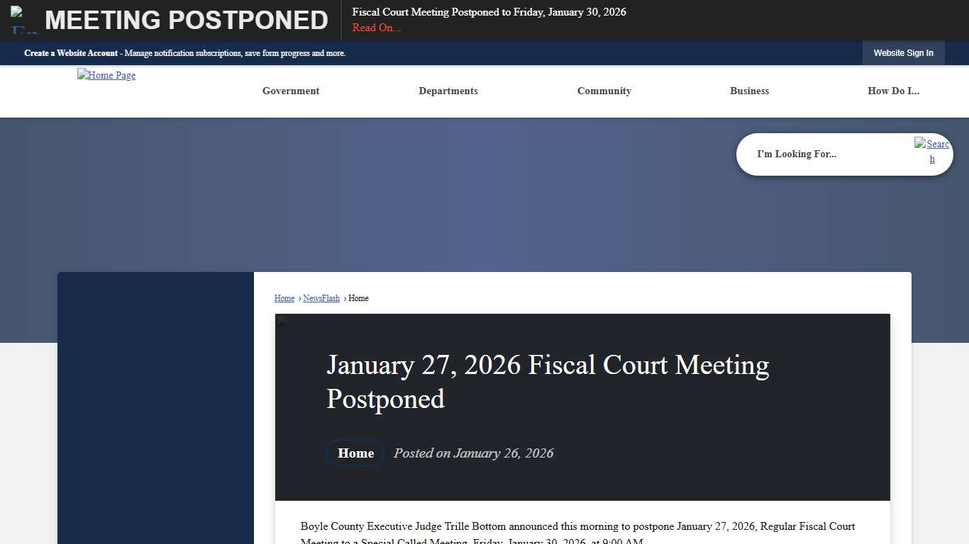 January 27, 2026 Fiscal Court Meeting Postponed • Boyle County, KY